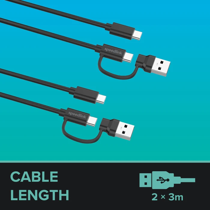 Αξεσουάρ για κονσόλες παιχνιδιών Speedlink STREAM Play & Charge USB-C/A to USB-C Cable Set 2x3m Black