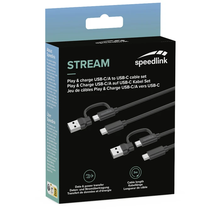 Αξεσουάρ για κονσόλες παιχνιδιών Speedlink STREAM Play & Charge USB-C/A to USB-C Cable Set 2x3m Black