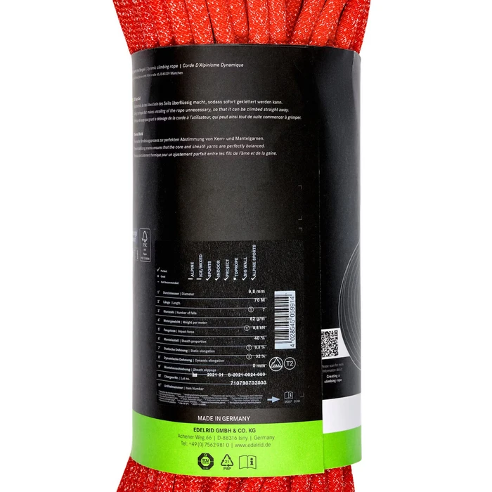 Σχοινί αναρρίχησης Edelrid 9,8 mm x 70 m – Κόκκινο