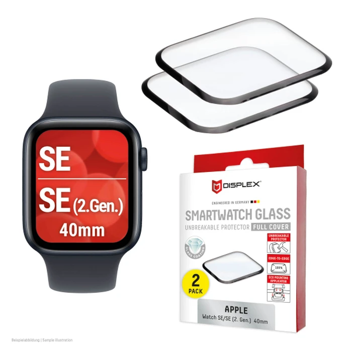 Displex Fc Glass Screen Protector for Apple Watch SE 2 (40 mm) - Black (2-pack)
