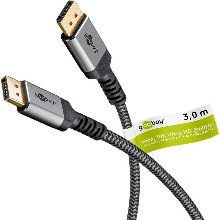 Goobay Plus DisplayPort 2.0/2.1 Cable, DisplayPort male-to-male, 3 m, Sharkskin Grey, 16K@60Hz (DSC), 80 Gbit/s (UHBR20)