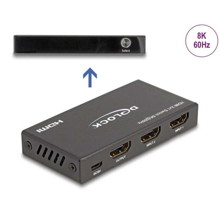 Delock HDMI Switch 2 x HDMI in to 1 x HDMI out — 8K 60Hz / 4K 144Hz (Model 18607)