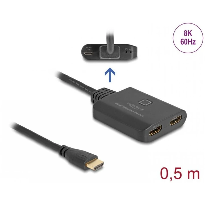 DeLOCK HDMI Switch 2 Ports 8K@60Hz / 4K@144Hz with 0.5m Built-in Cable - Model 18645