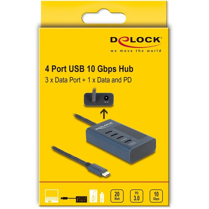 DELOCK USB Hub 10 Gbps με 4 θύρες USB Type-C (3x δεδομένα + 1x δεδομένα & PD 20W) με ένδειξη ισχύος, MPN 64189