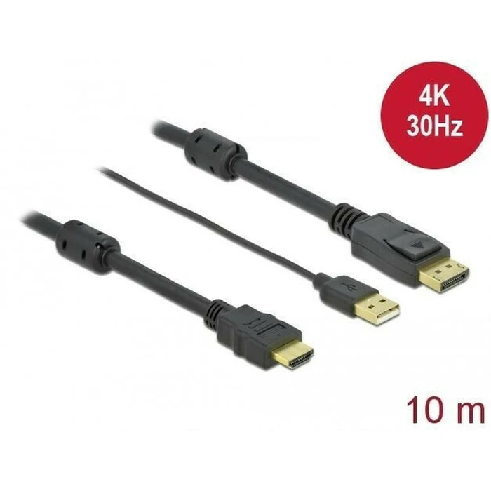DELOCK DisplayPort (M) to HDMI (M) 10 m cable, powered by USB-A, 4K@30Hz, black (MPN 85968)