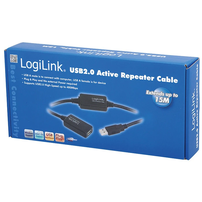 LogiLink USB 2.0 καλώδιο USB-A αρσ. - USB-A θηλ., ενισχυμένο (amplifier), μαύρο, 20 m, UA0146