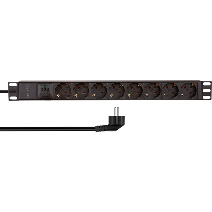 LogiLink 1U 19" PDU με 8 υποδοχές Schuko (CEE 7/3), είσοδος Schuko, μέγ. 16 A, προστασία υπερφόρτωσης και υπερτάσεων, IP20, καλώδιο 2 m, μαύρο (PDU8C04)