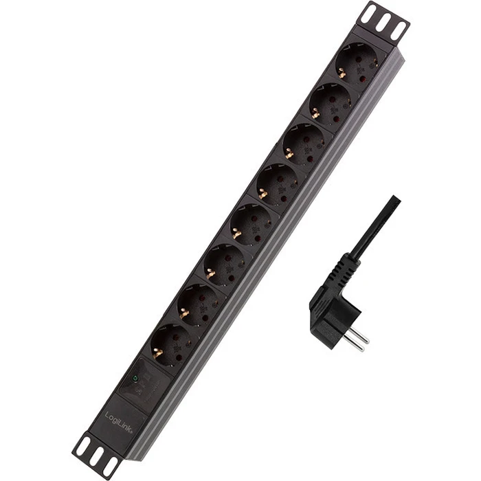 LogiLink 1U 19" PDU με 8 υποδοχές Schuko (CEE 7/3), είσοδος Schuko, μέγ. 16 A, προστασία υπερφόρτωσης και υπερτάσεων, IP20, καλώδιο 2 m, μαύρο (PDU8C04)