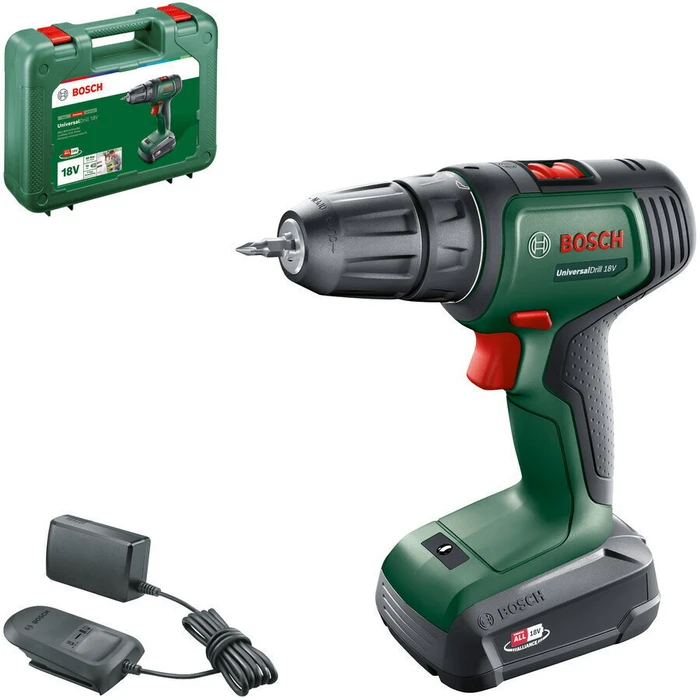Bosch Powertools UniversalDrill 18V Cordless Drill Driver (green/black), 2.5Ah Li‑Ion Battery, Case — POWER FOR ALL ALLIANCE