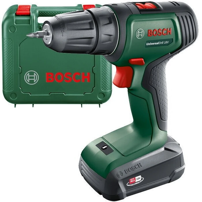 Bosch Powertools UniversalDrill 18V Cordless Drill Driver (green/black), 2.5Ah Li‑Ion Battery, Case — POWER FOR ALL ALLIANCE