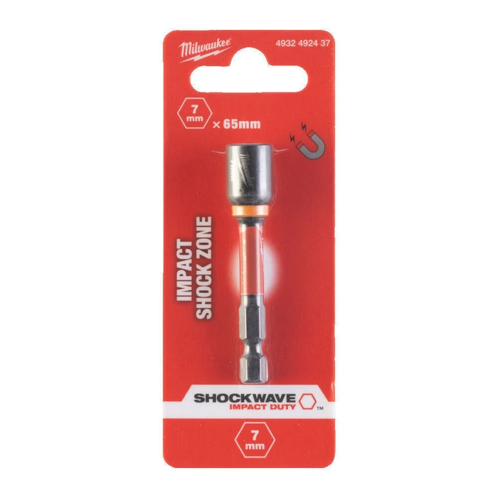 Milwaukee Shockwave Magnetic Hex Nut Driver, 1/4" Hex Shank (DIN 3126 - E 6.3), 7 mm AF, 65 mm Length, Model 4932492437