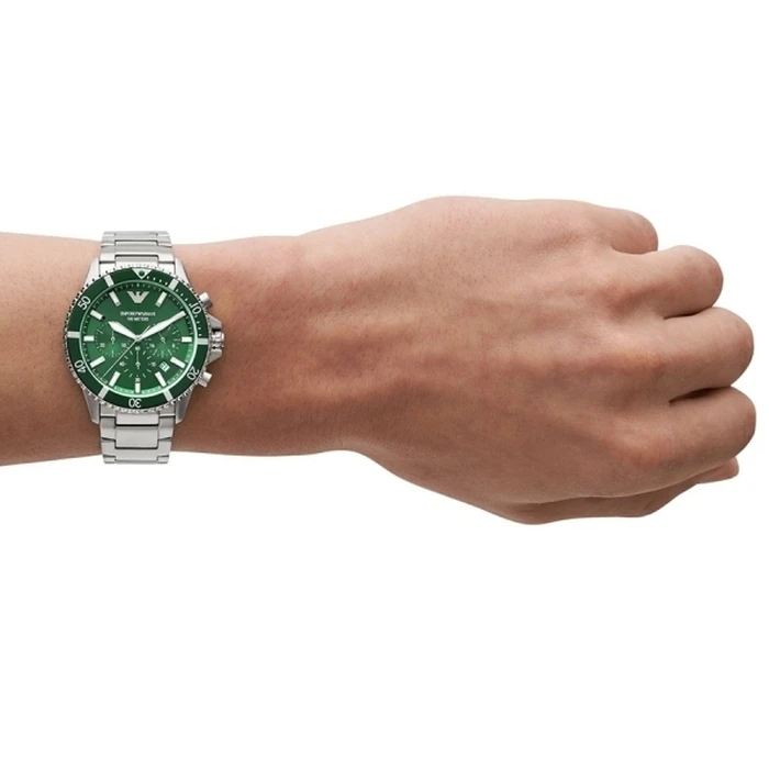 Emporio Armani AR11500 Men's Diver Analog Quartz Watch 44 mm Stainless Steel Silver Bracelet Green Dial