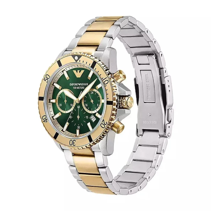 Emporio Armani Men's Diver Quartz Watch AR11586 — 43 mm, Green Dial, Two-tone Stainless Steel Bracelet (Gold/Silver)
