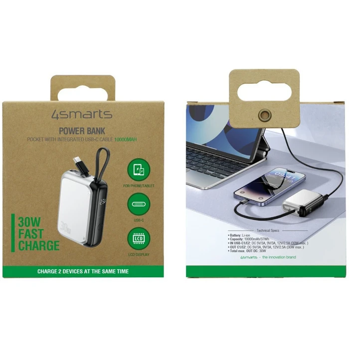 4Smarts Pocket Power Bank 10000mAh 30W με ενσωματωμένο USB-C καλώδιο, Ασημί