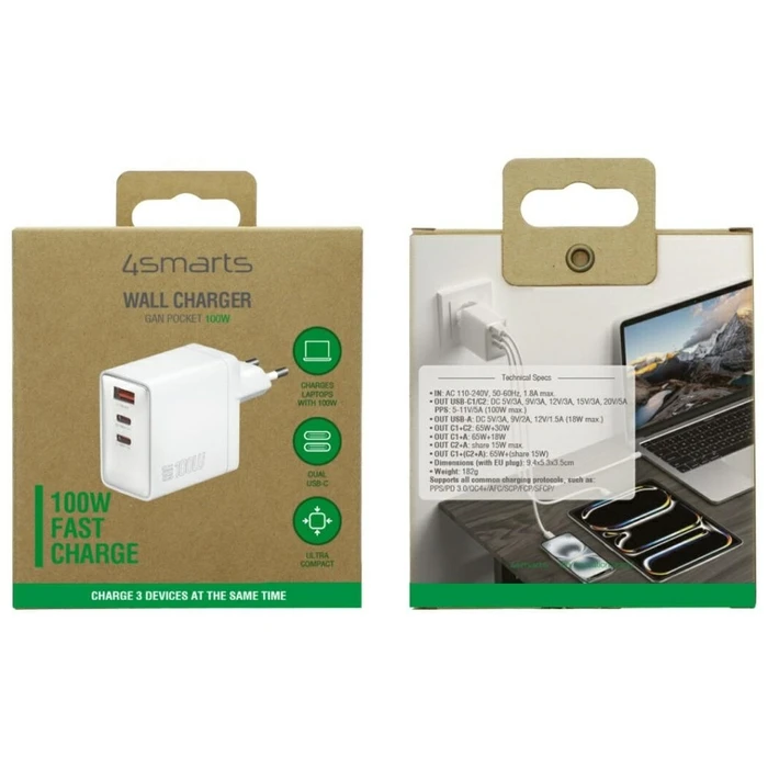 4Smarts GaN Pocket 100W Φορτιστής Τοίχου 2×USB‑C + 1×USB‑A, Λευκό