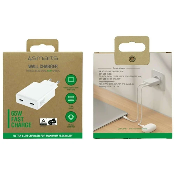 4Smarts PDPlug Slim Dual 65W GaN Διπλός Φορτιστής USB-C (2x USB-C) - Λευκό