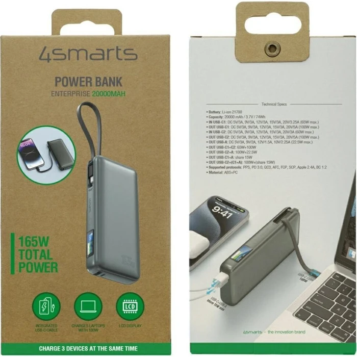 4Smarts Enterprise Power Bank 20000mAh 165W Space Grey με 2 Θύρες USB-A και 1 Θύρα USB-C (PD / PPS)