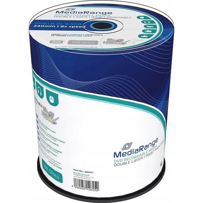 MediaRange DVD+R 8.5GB 8x Διπλής Στρώσης (Dual Layer) Εκτυπώσιμα - 100 τεμ. (MR471)