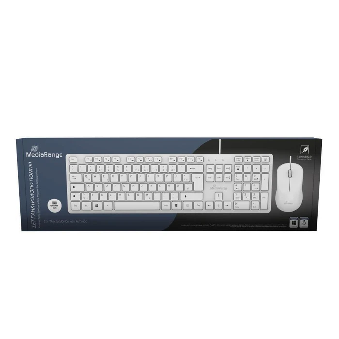 MediaRange Wired Keyboard and Mouse Set, QWERTY (GR), Function Keys, 3-Button Mouse,1.200 dpi, Symmetrical, 1.5m Cable, White (MROS276-GR)