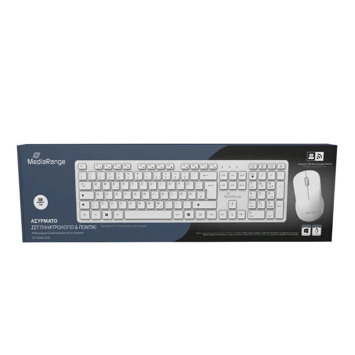 MediaRange Wireless Keyboard and Mouse Set, QWERTY (GR), Function Keys, 3-Button Mouse,1.200 dpi, Symmetrical, Dongle, White (MROS278-GR)