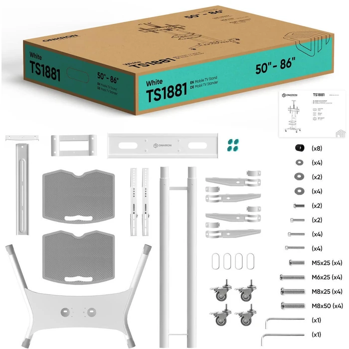 Onkron TS1881-W Mobile TV Stand / Floor Mount for 50-86" TVs - White