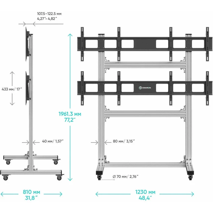 Onkron Floor TV Stand FSPRO2L22-S for 43"–55" TVs up to 50 kg per display (Black/Aluminium)