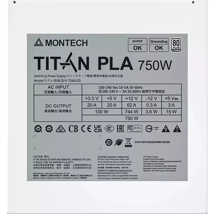 Montech Titan PLA 750W - 750 Watt Full Modular ATX Power Supply 80 PLUS Platinum, Cybenetics Platinum, PCIe 5.1, White