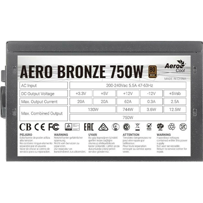 Aerocool Aero Bronze 750W Black ATX Power Supply (Full Wired) 80 Plus Bronze