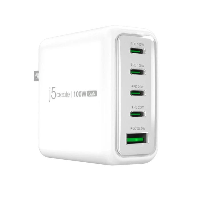 J5create Φορτιστής GaN 100W 5-θυρών (1x USB-A, 4x USB-C) - JUP53100EF-N - Λευκός