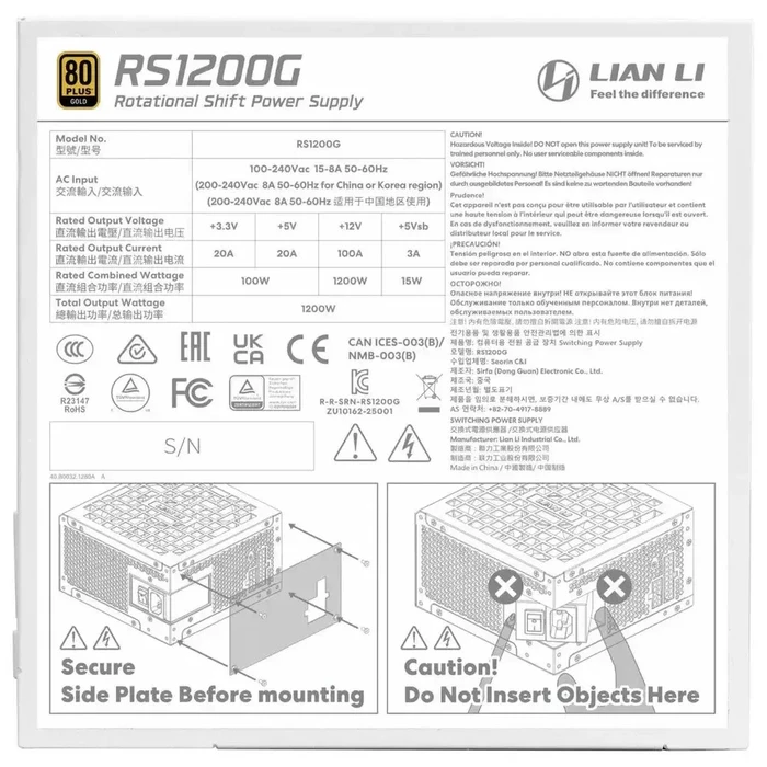 Default Lian Li RS1200G White 1200 Watt 80 Plus Gold Fully Modular Power Supply with 12V 2x6 Colored Cable and RS Hub
