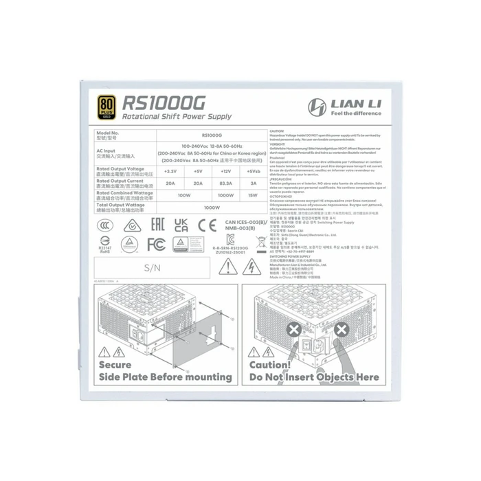 PSU Lian Li RS1000G White 1000 Watt 80 Plus Gold Fully Modular 12V 2x6 Colored Cable