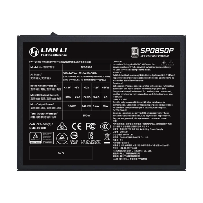 LIAN LI Power Supply SP0850P Black 850W 80 Plus Platinum 10 Years Warranty 12V 2x6 Japanese Capacitors