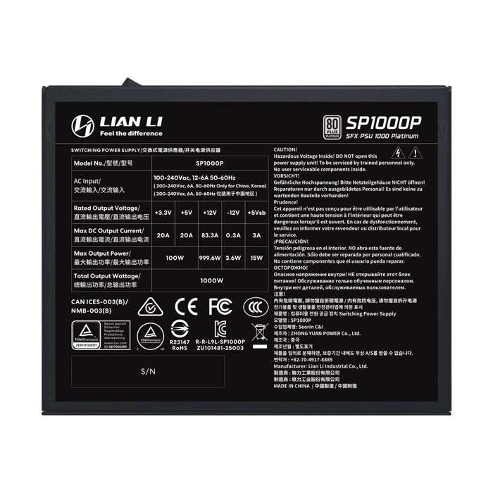 LIAN LI Power Supply SP1000P Black 1000W 80 Plus Platinum 10 Years Warranty 12V-2x6 Japanese Capacitors