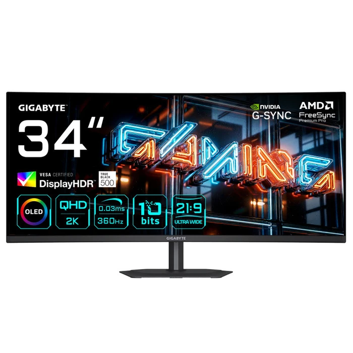 GIGABYTE MO34WQC36 34" QD-OLED Curved WQHD Gaming Monitor 3440x1440 360Hz 0.03ms HDR 1300 nits USB-C DP 2.1 HDMI 2.1