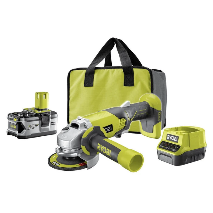 Γωνιακός τροχός Ryobi R18AG-140S με σετ: μπαταρία 4.0 Ah, φορτιστής, δίσκος λείανσης και τσάντα
