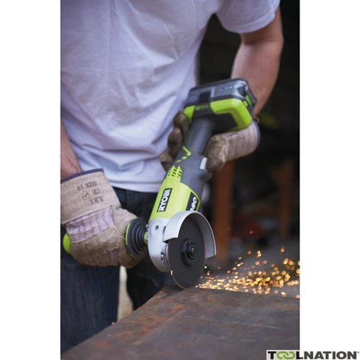Γωνιακός τροχός Ryobi R18AG-140S με σετ: μπαταρία 4.0 Ah, φορτιστής, δίσκος λείανσης και τσάντα