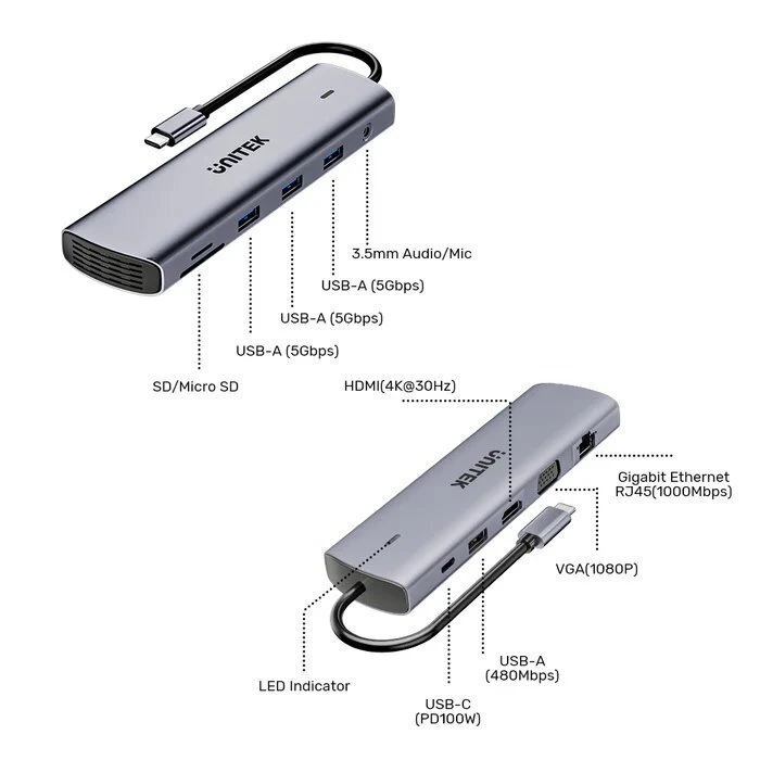 Unitek USB-C Docking Station / 11-in-1 USB-C Hub (uHUB U11+ D1113BGY) — HDMI 4K, 100W PD, Gigabit Ethernet, SD/microSD Card Reader