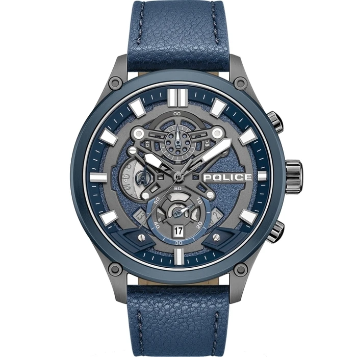 Police Wadden Men's Watch 46mm Quartz Chronograph Blue Leather Strap PEWGC0054206