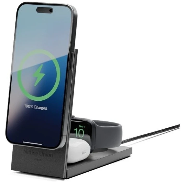 Native Union Rise 3-in-1 Qi2 Wireless Charger with USB-C Cable 15W and 35W Wall Charger (Black)