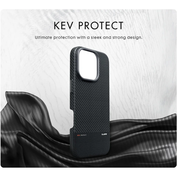 LAUT Kev Protect Aramid Fiber Back Cover with Tempered Glass and MagSafe (iPhone 16 Pro) - Black
