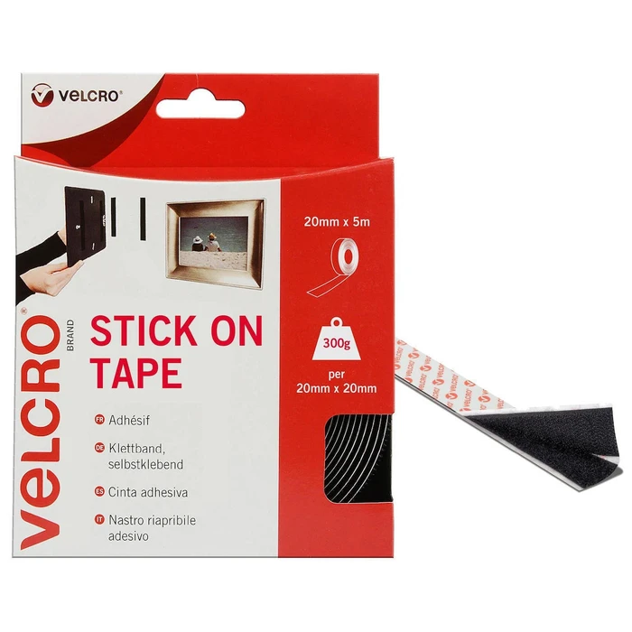 VELCRO Self-Adhesive Hook & Loop Tape, 20 mm x 5 m, Black, Model 60217