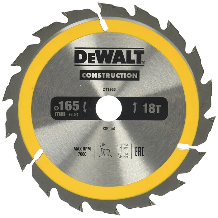 Dewalt Δίσκος Κοπής Ξύλου 165mm 18 Δόντια DT1933-QZ
