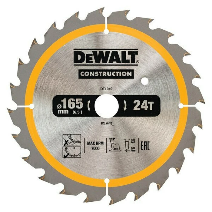 Dewalt 165x20mm Wood Cutting Saw Blade, 24 Teeth (DT1949-QZ)