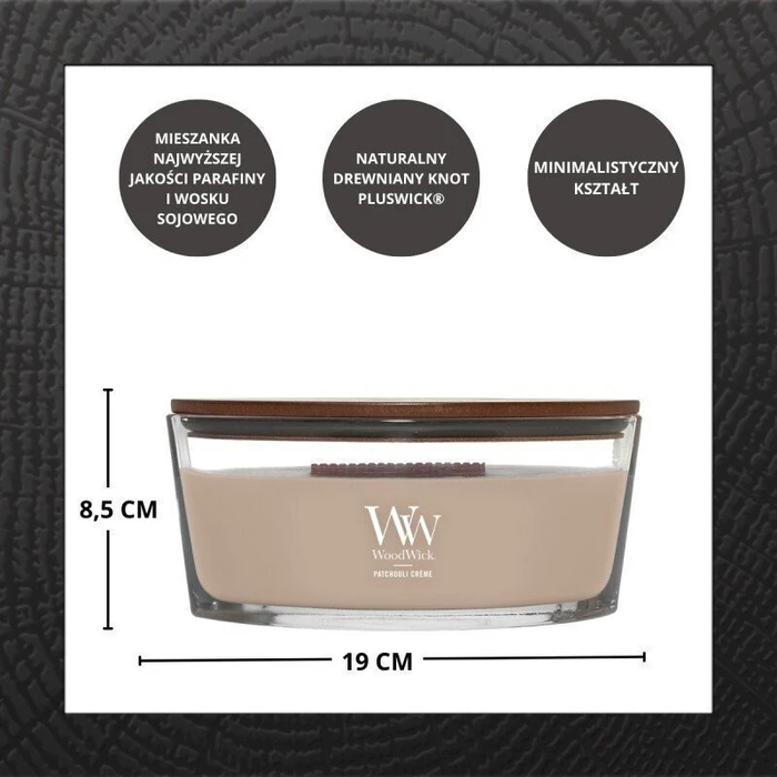 WoodWick Αρωματικό Κερί Patchouli Cream Ellipse 453,6 g σε Βάζο Εκρού