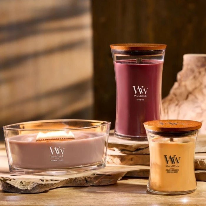 WoodWick Αρωματικό Κερί Patchouli Cream Ellipse 453,6 g σε Βάζο Εκρού