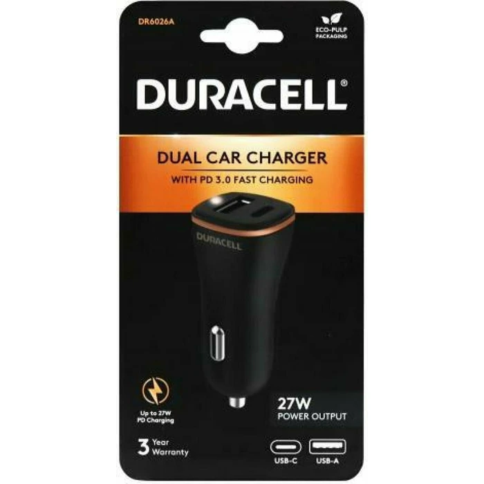 Duracell Φορτιστής Αυτοκινήτου 27W USB-A + USB-C Μαύρο DR6026A