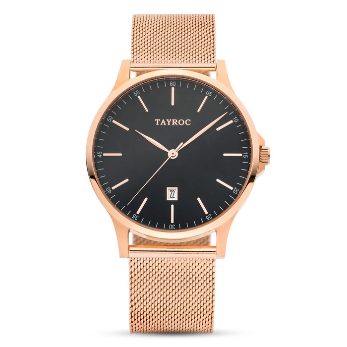 Tayroc Ανδρικό Ρολόι 40mm TXM109 - Μαύρο καντράν, Ροζ ατσάλινο μπρασελέ