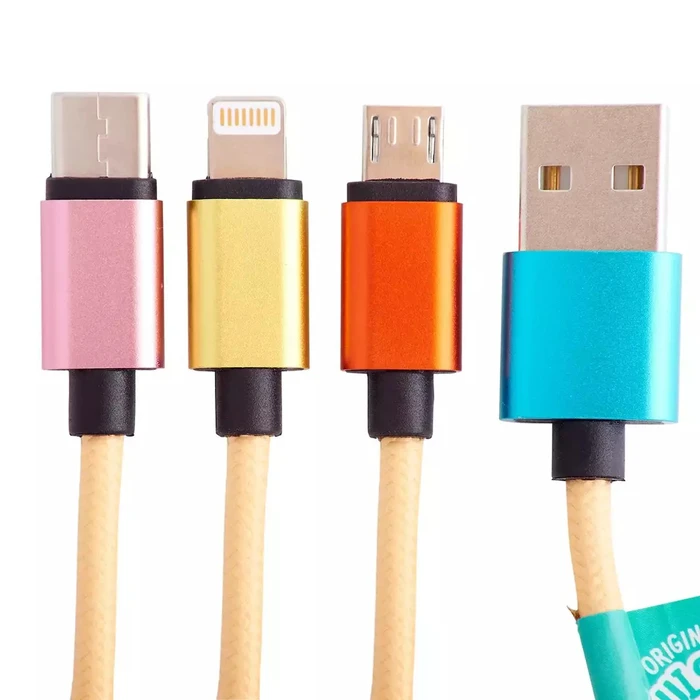 Lazerbuilt Braided 3-in-1 USB to micro USB / USB-C / Lightning Cable 1.2m Orange