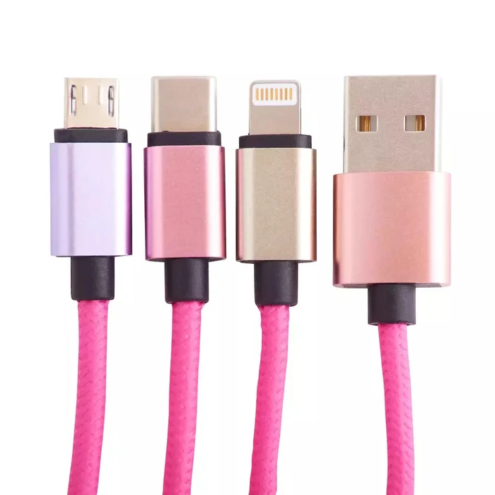 Jazwares Braided USB 3-in-1 Cable to USB-C / micro USB / Lightning 1.2m 2A Pink (Lazerbuilt B04413 / CBSQM-3IN1-LOLA)