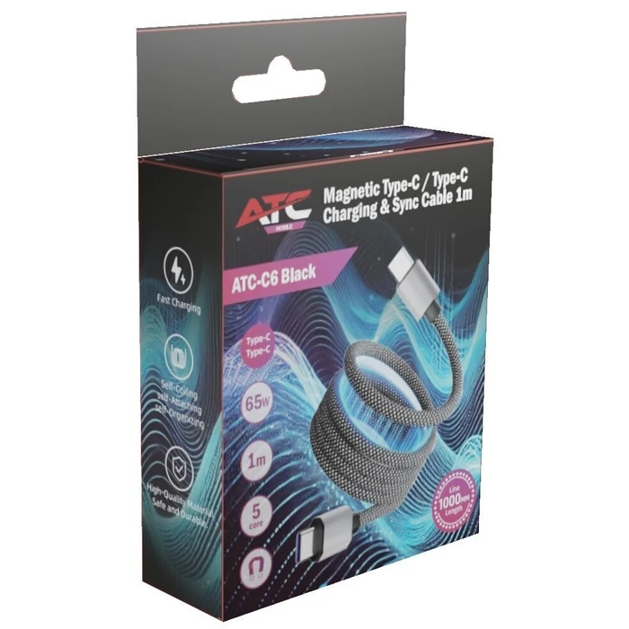 ATC-C6 Magnetic USB-C to USB-C Charging & Data Cable 65W 1m Black